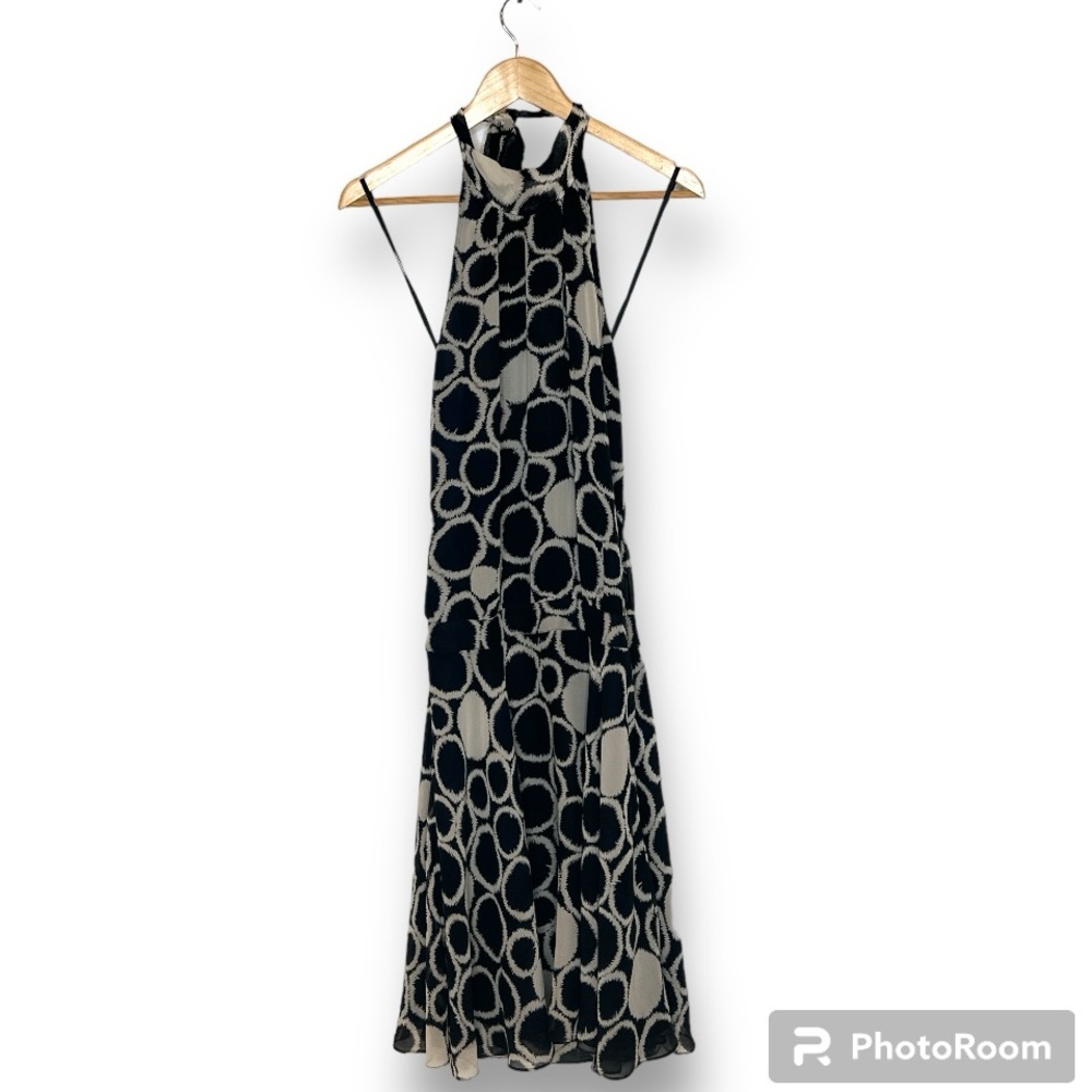 Club Monaco Black and grey print silk  halter dress, size 0
